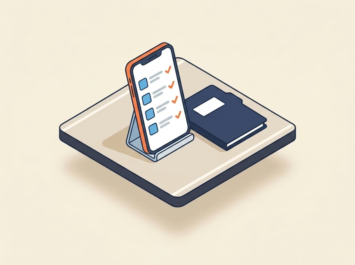 Ekranında onay işaretli liste görünen telefon, yanında lacivert dosya